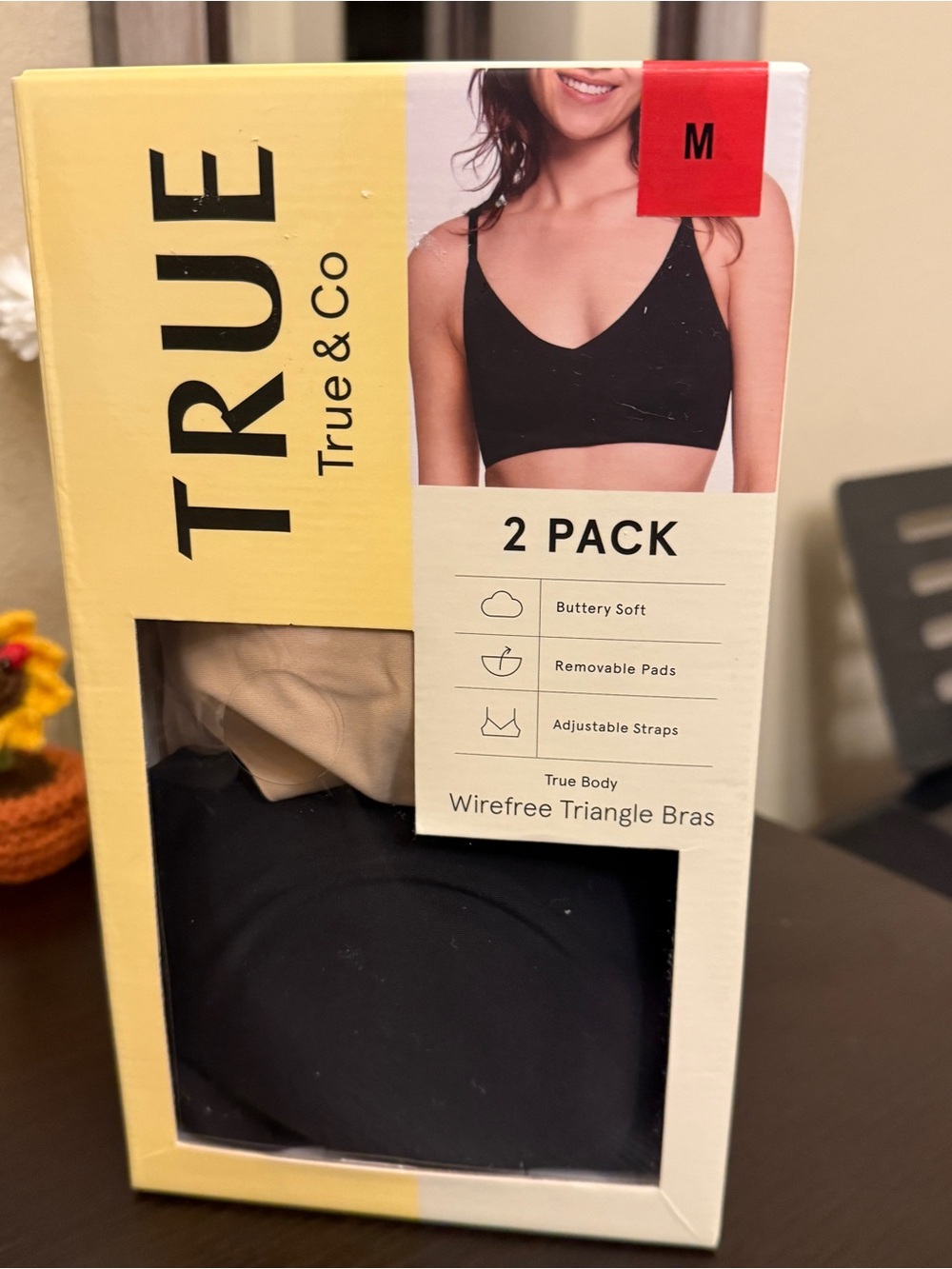 True & Co. True Body Wirefree Triangle Bra 2-Pack – Black/Nude – Size Medium
